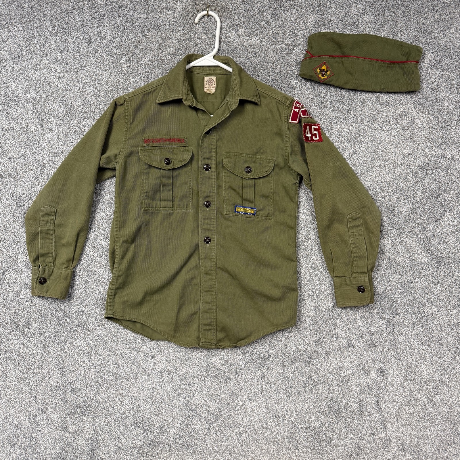 Vintage Boy Scouts Of America Shirt Hat Set Boys 10-12 Green Scout Uniform Twill