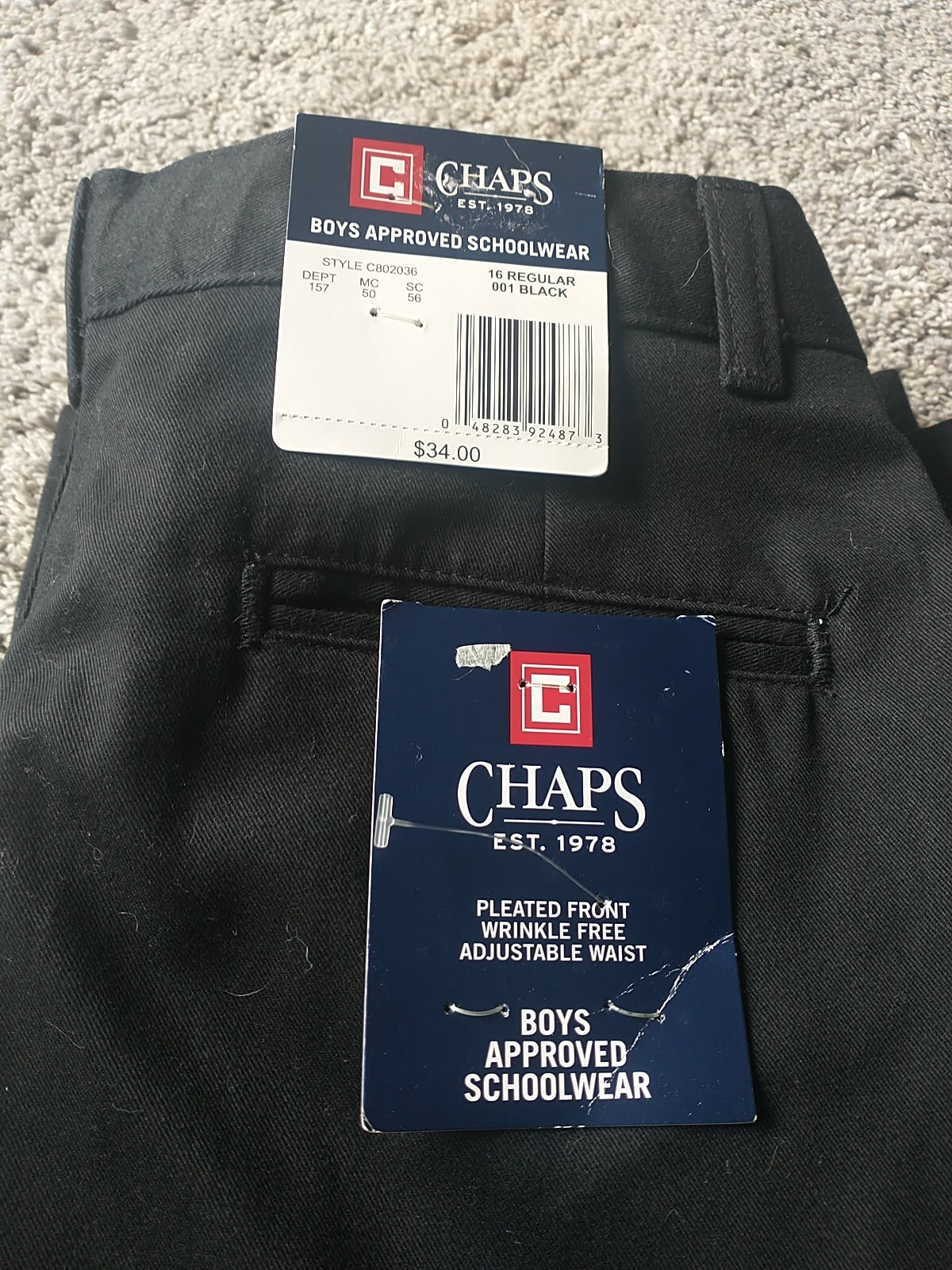 Chaps Boys Pants Approved Schoolwear Size 16 Black Flat Front Adjustable Waist