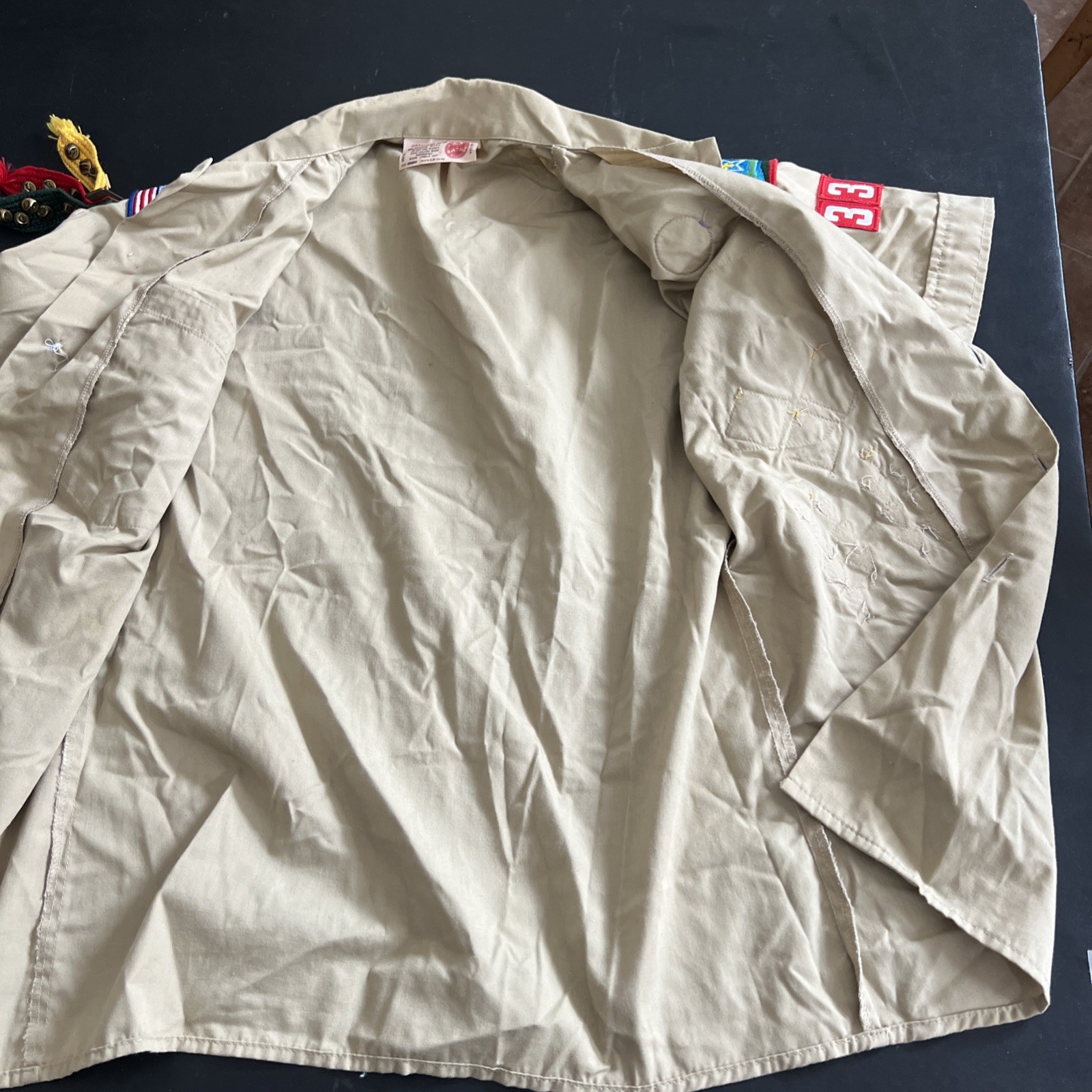 VTG BSA Boys Youth LG Uniform Shirt Tan East Texas. Patches, Pins