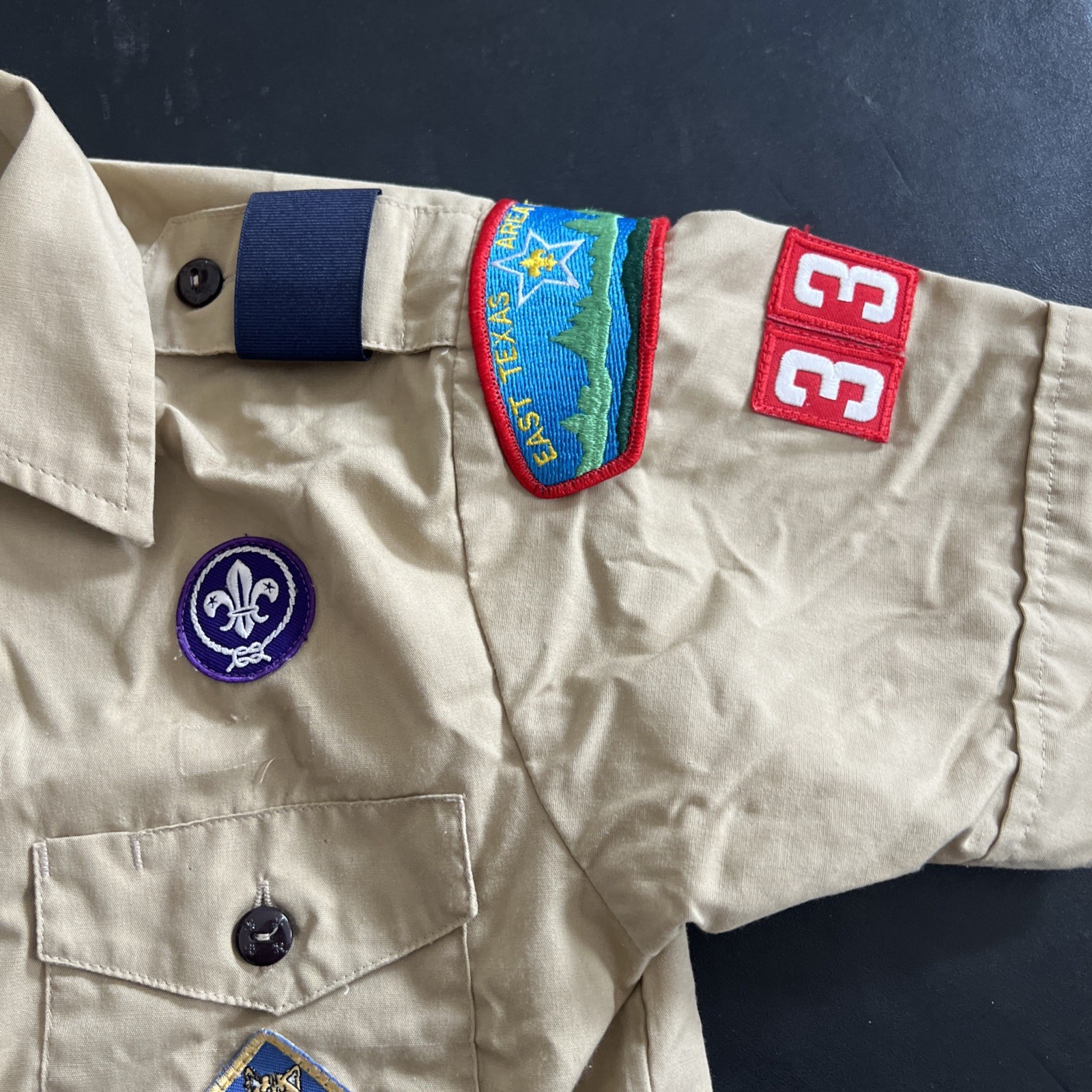 VTG BSA Boys Youth LG Uniform Shirt Tan East Texas. Patches, Pins