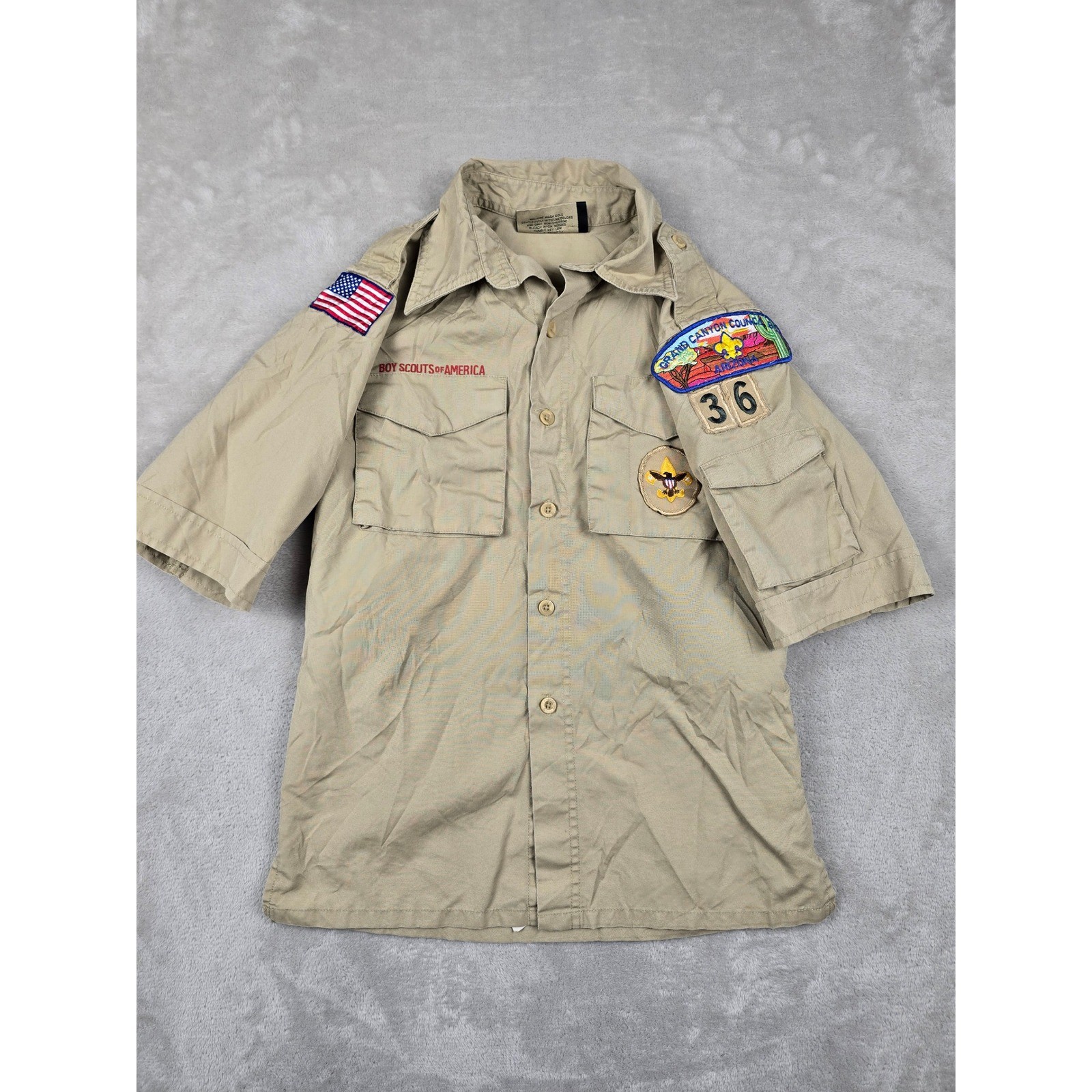 Boy Scouts of America Shirt Kids Youth M Tan Poly Cotton Patches Gorpcore