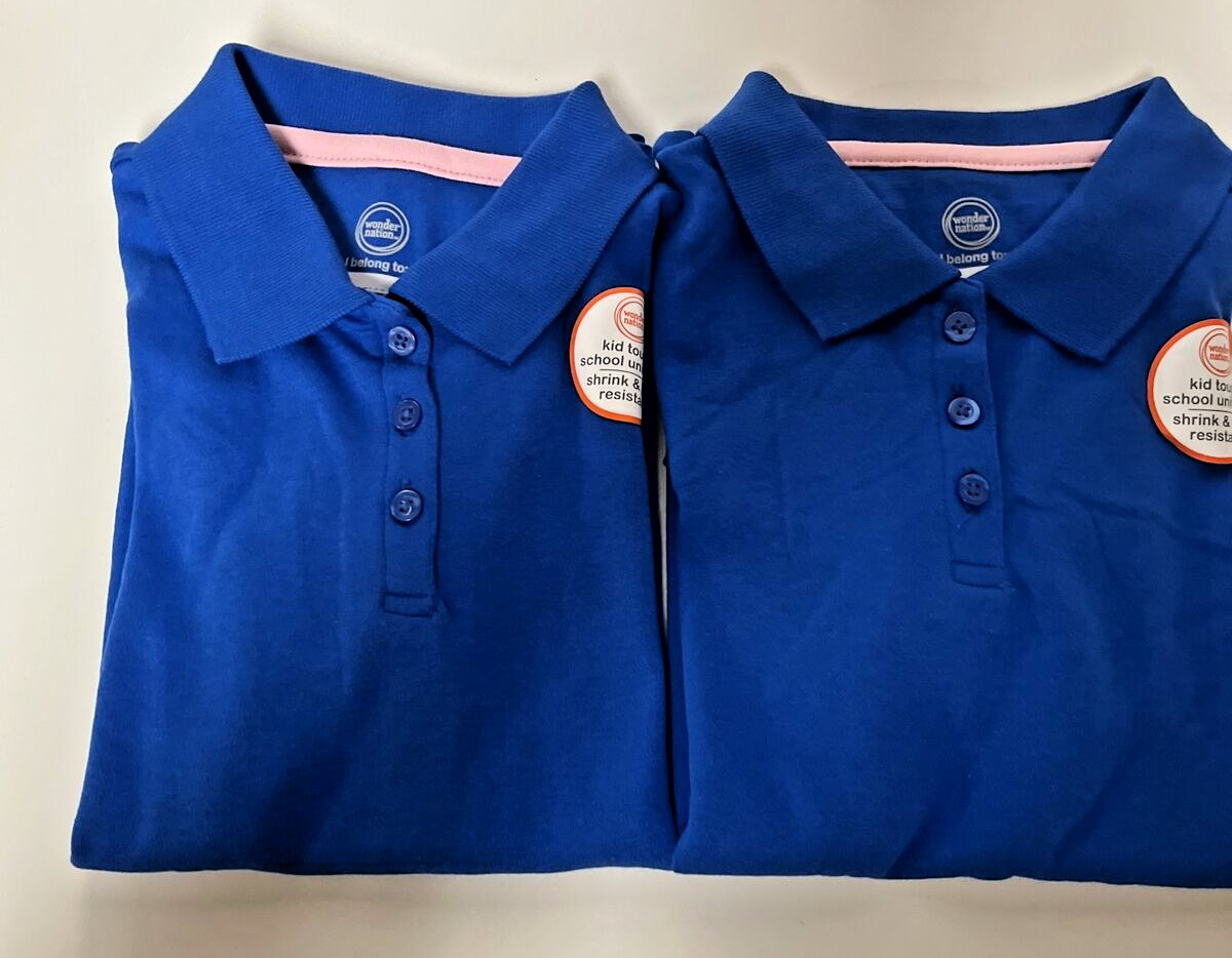Wonder Nation Boys School Uniform S/S Pique Polo Shirts; Blue, M (7-8) LOT OF 2