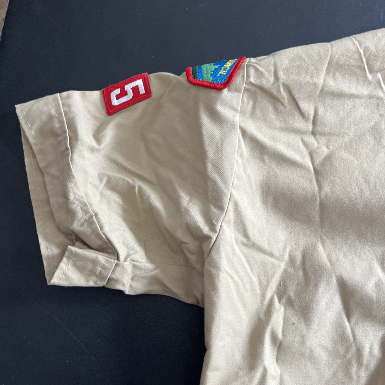 VTG BSA Boys Youth LG Uniform Shirt Tan East Texas. Patches, Pins
