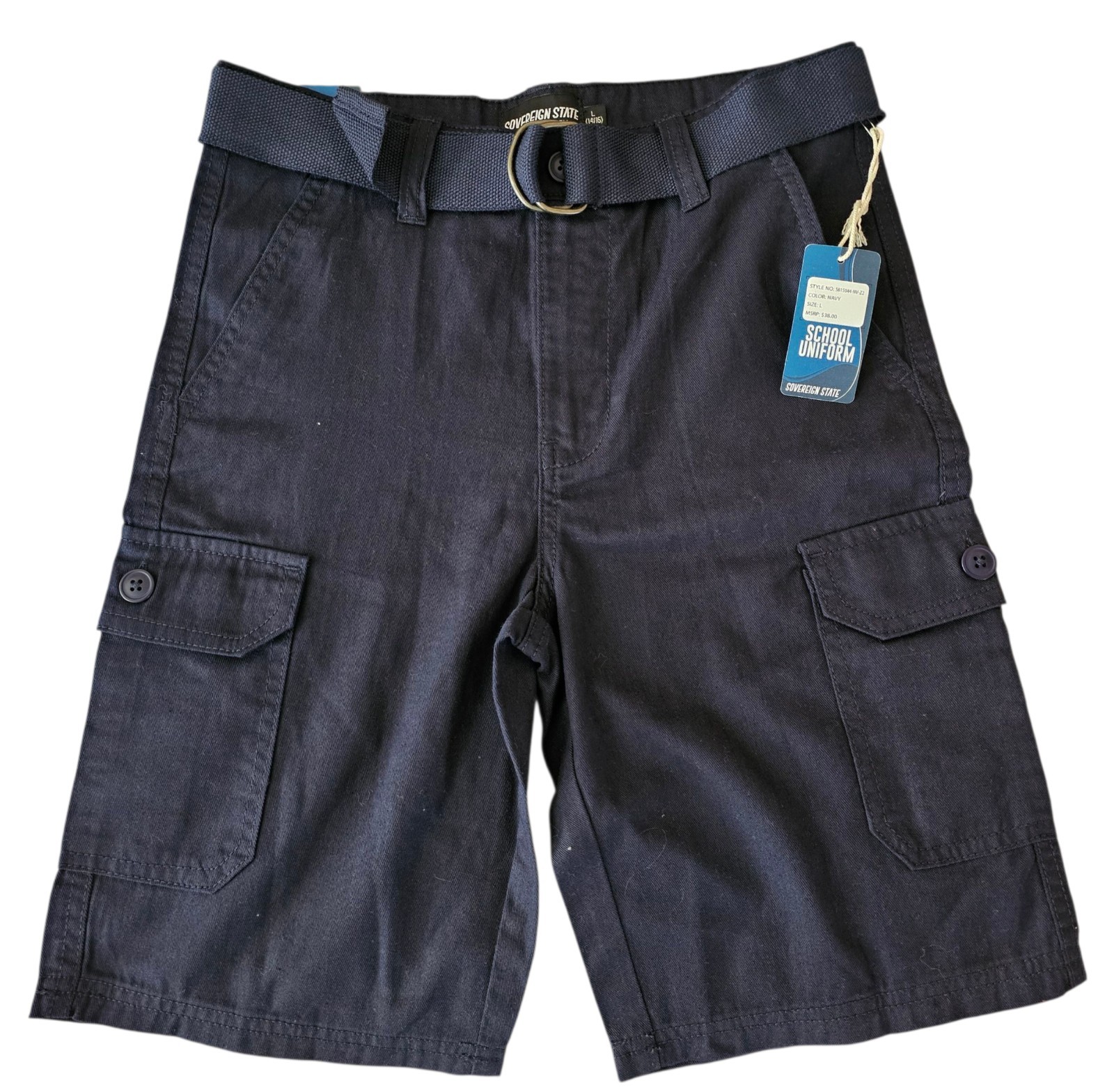 School Uniform Shorts Boys Sz L 14/16 Navy Blue Cargo 9″ Inseam Sovereign State