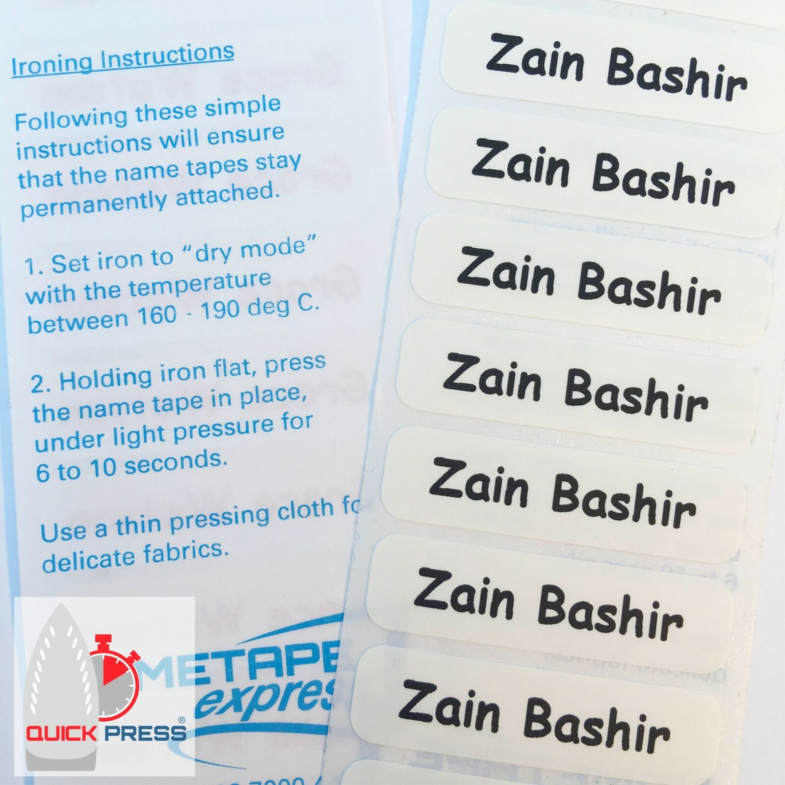 100 QuickPress™ Iron-on Nametapes Printed Name Labels/Tags for uniforms/carehome