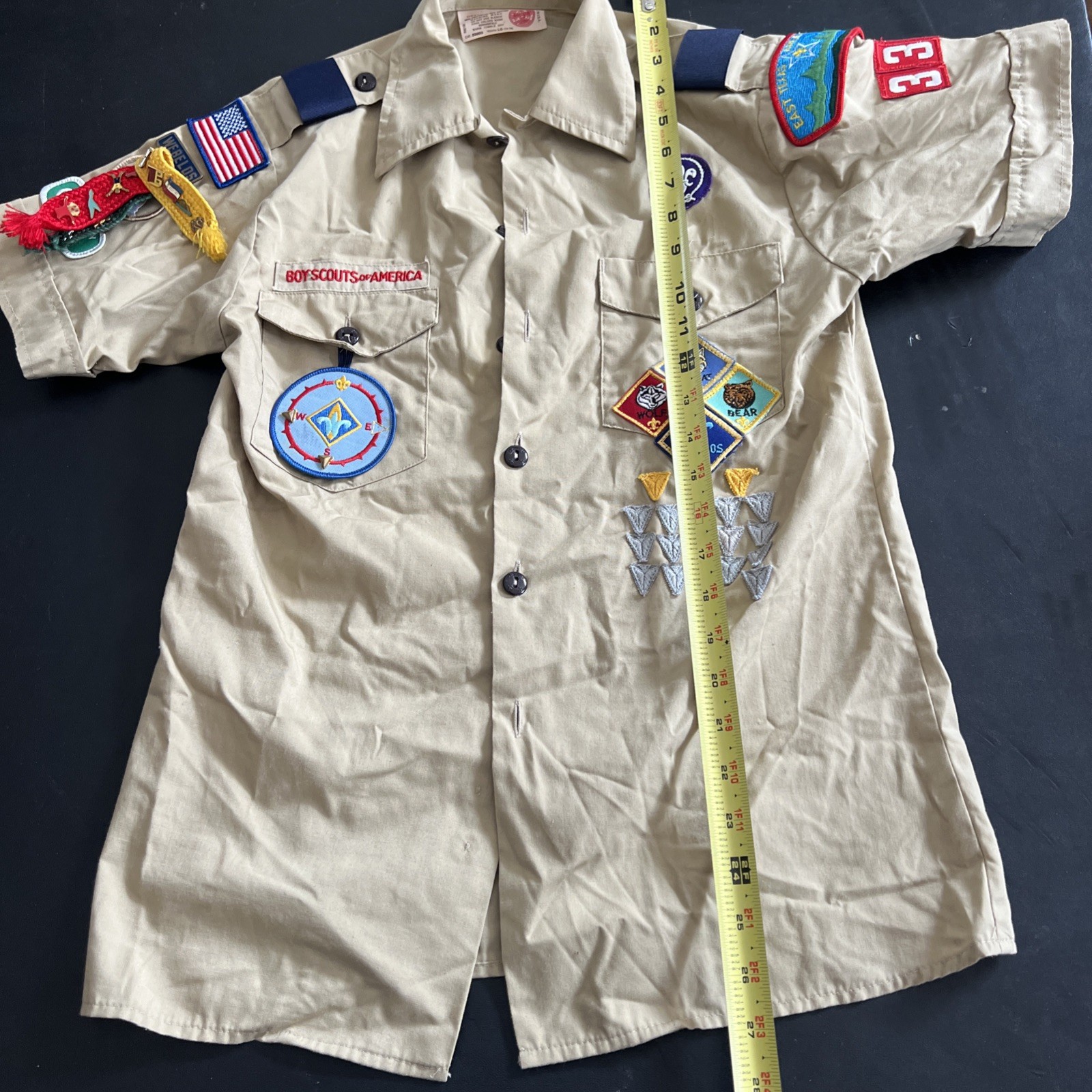 VTG BSA Boys Youth LG Uniform Shirt Tan East Texas. Patches, Pins