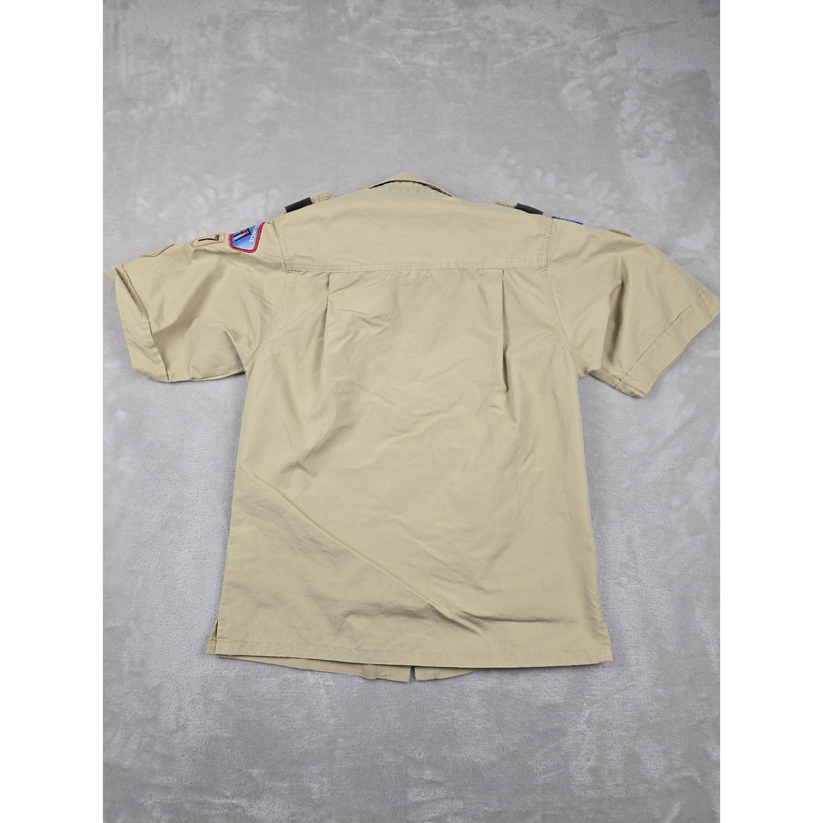 Boy Scouts of America Shirt Kids Youth L Khaki Tan Patches BSA Poly Cotton