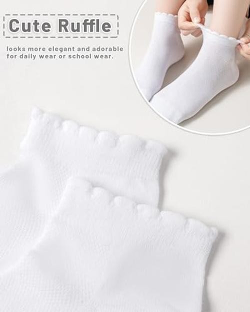 Funjoon Girls Ruffle Socks School Uniform Kids Cotton Crew 4-6 Years White