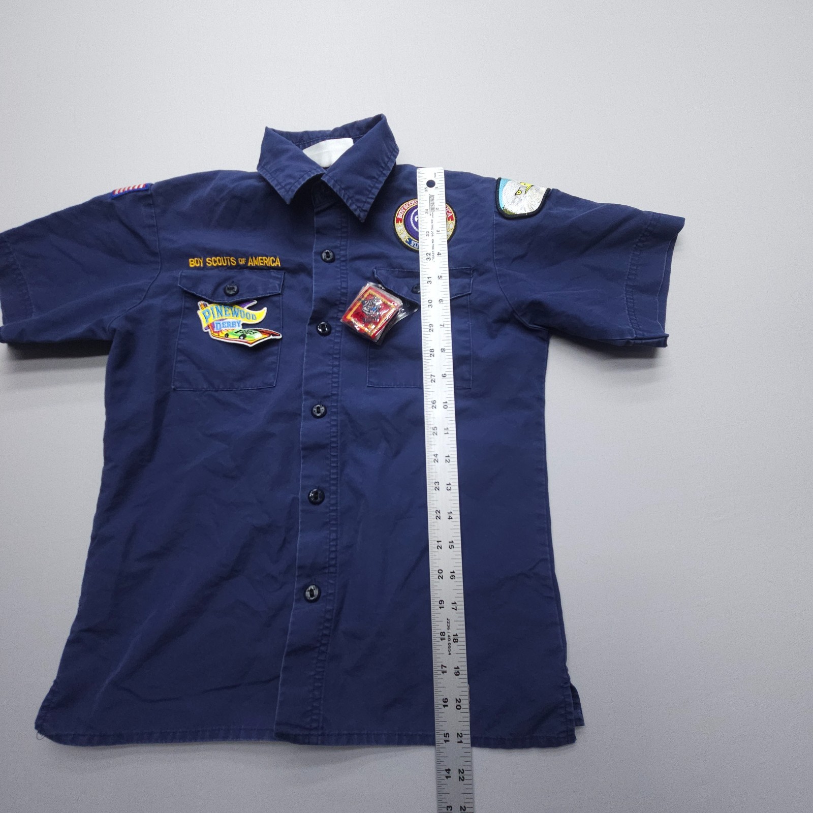 Boy Scouts Of America Boys Youth Medium Uniform Shirt Blue BSA Multiple Patches