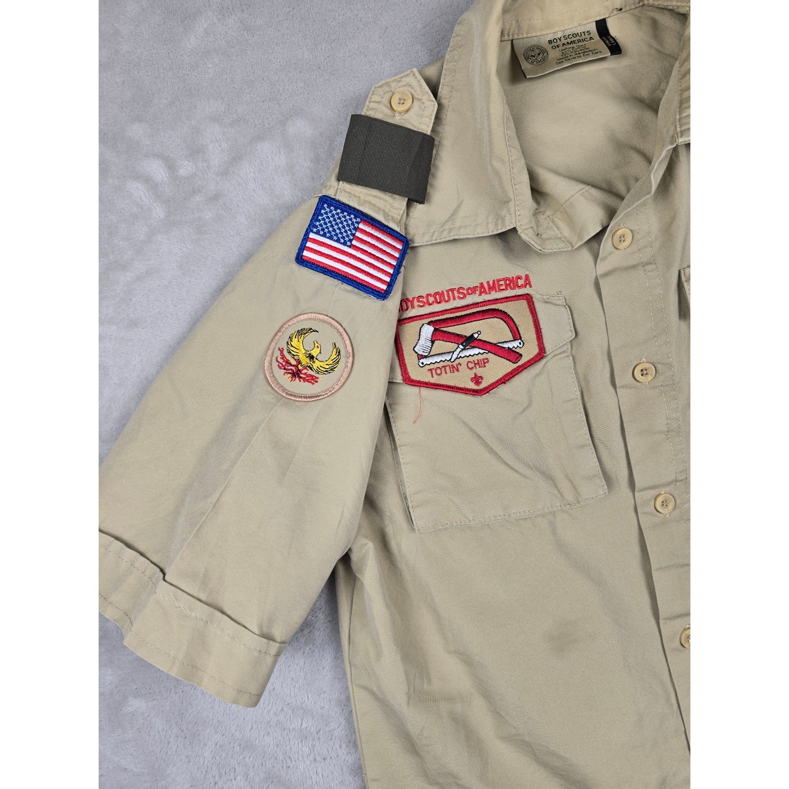 Boy Scouts of America Shirt Kids Youth L Khaki Tan Patches BSA Poly Cotton