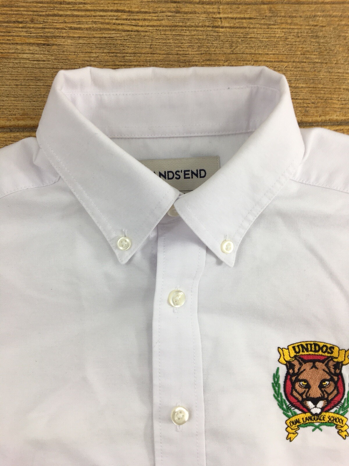 Lands End Boys Shirt Size 12 White Short Sleeve Polo Unidos Dual Language School