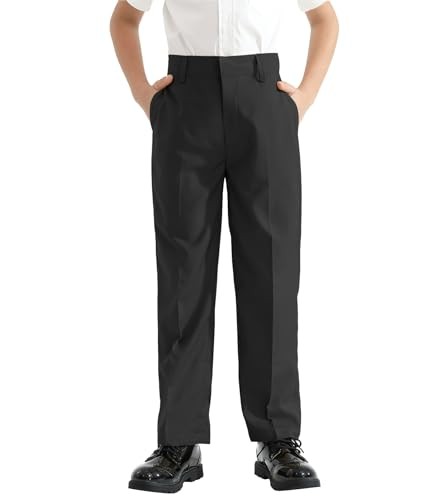 Boys Flat Front Dress Pants Uniform Pants Adjustable Waistband for 7 Black