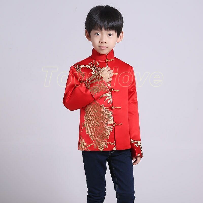 Chinese Tang Suit Red Clothing for Kids Boy Hanfu Top Dragon Print Party Stage