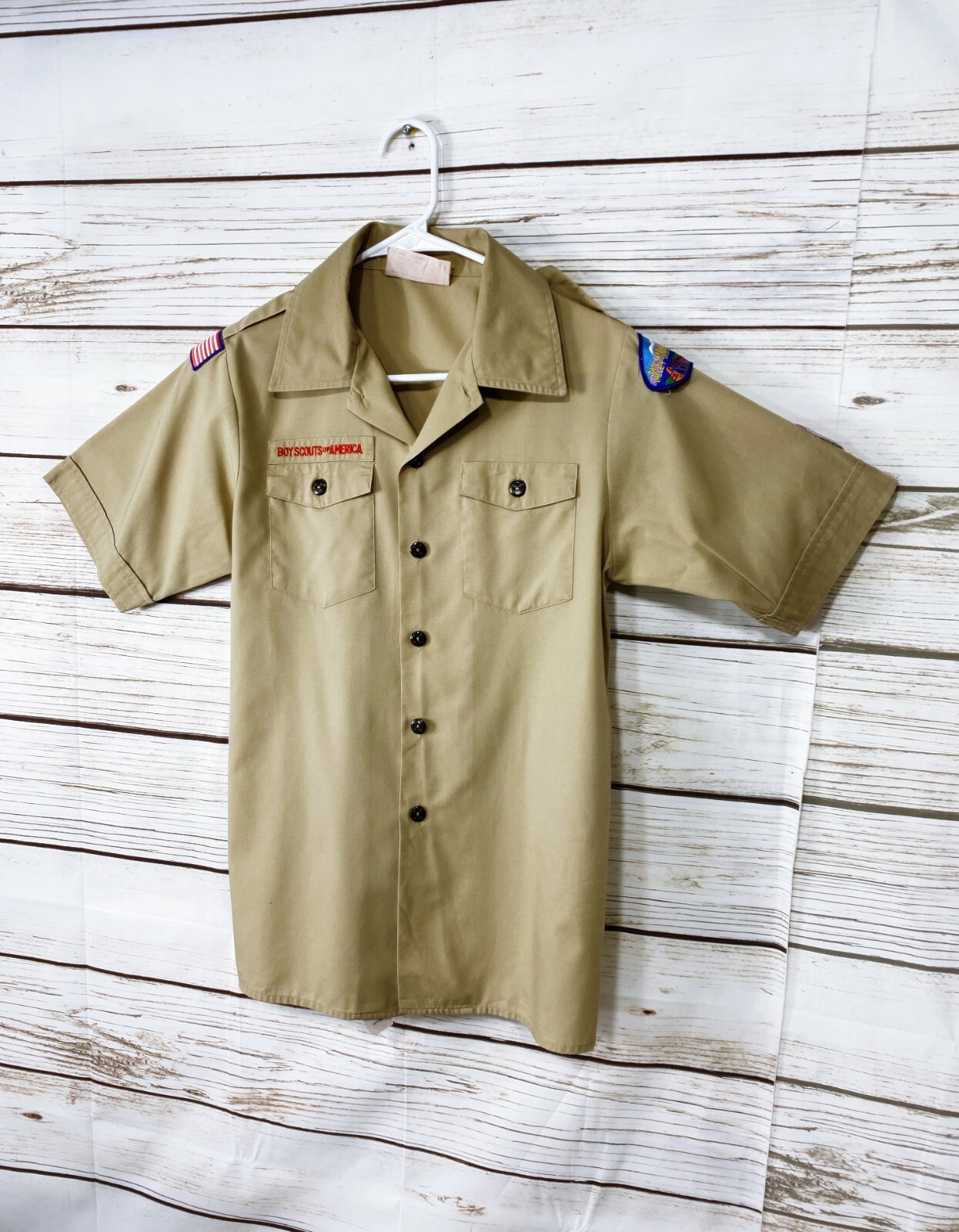Boy Scouts Of America Boys Shirt Sz L Khaki Collared Button Up Pockets Official