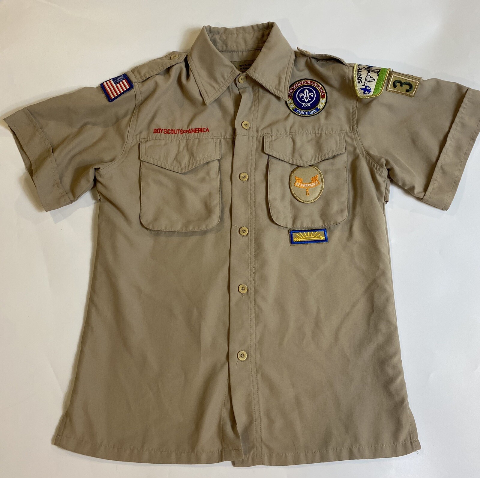 Boy Scouts Of American Shirt Youth Medium Brown Short Sleeve Button Up 275