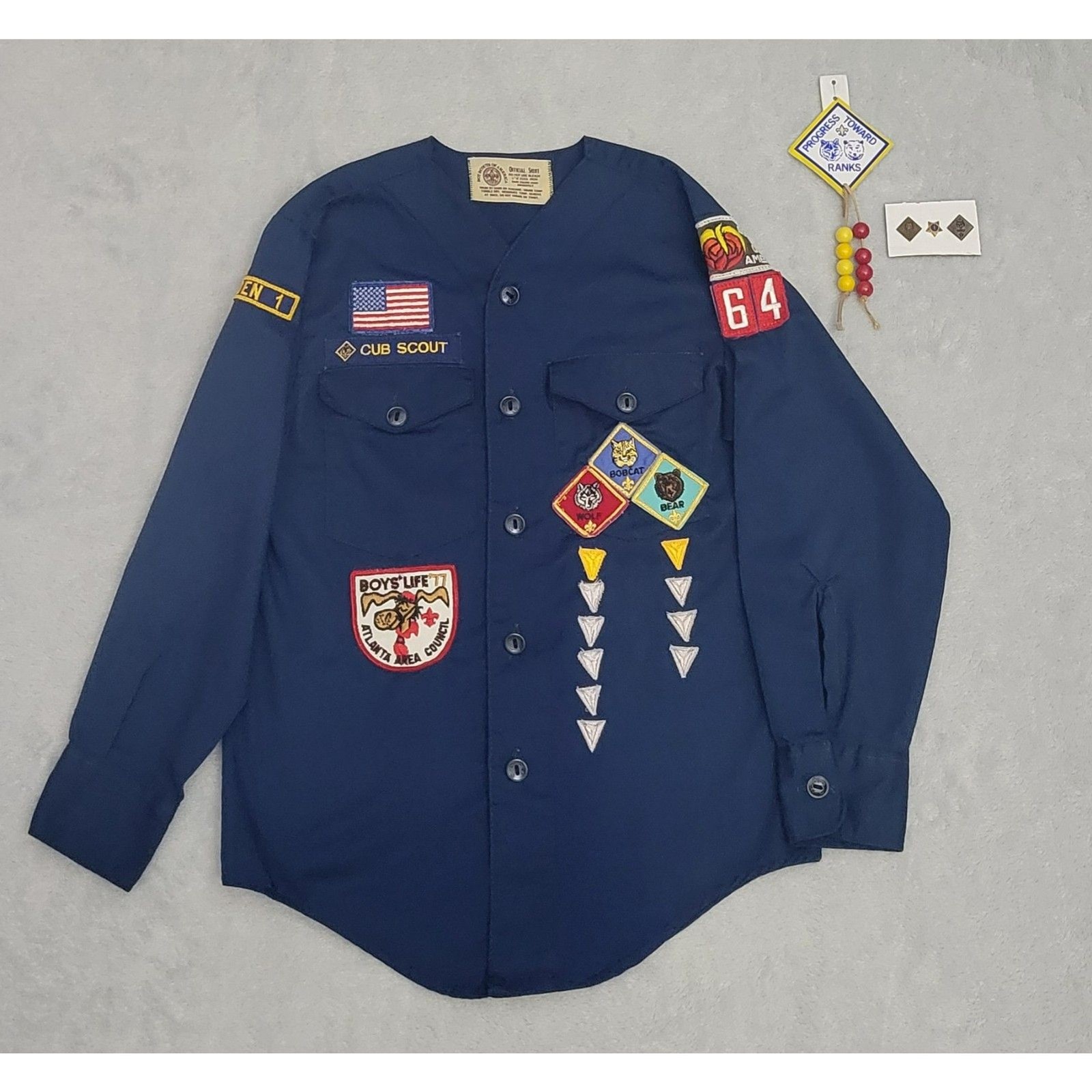 Vintage Cub Scout Youth Uniform Shirt Blue Long Sleeve No Collar w/Insignia