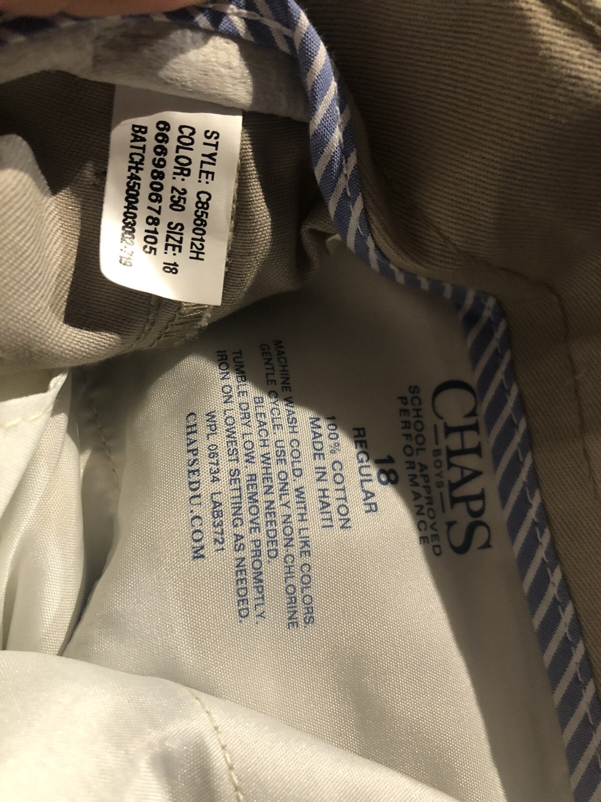 Chaps Boys’ School Approved Performance Khaki Pants Size 18 Reg