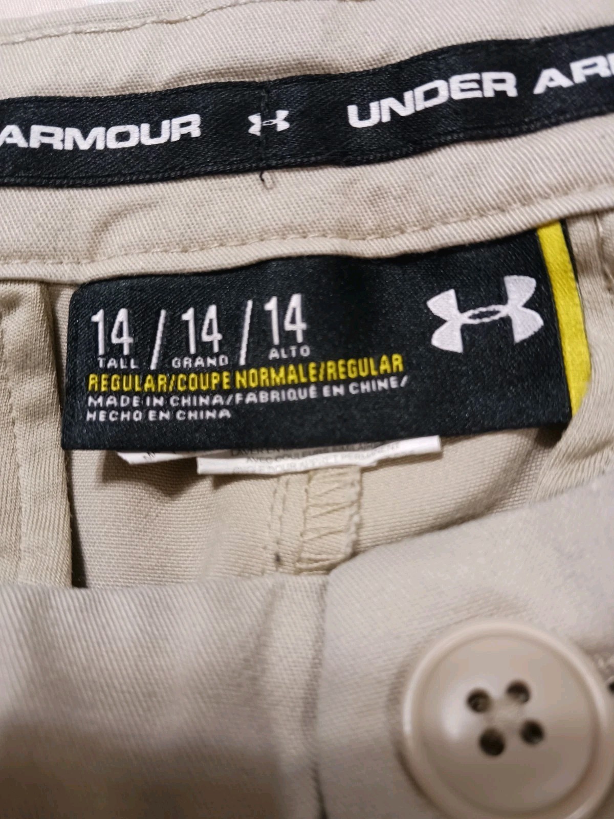 UNDER ARMOUR Boys youth 14 Beige Pants Button/zip Uniform Zip Side Pocket 27″ In