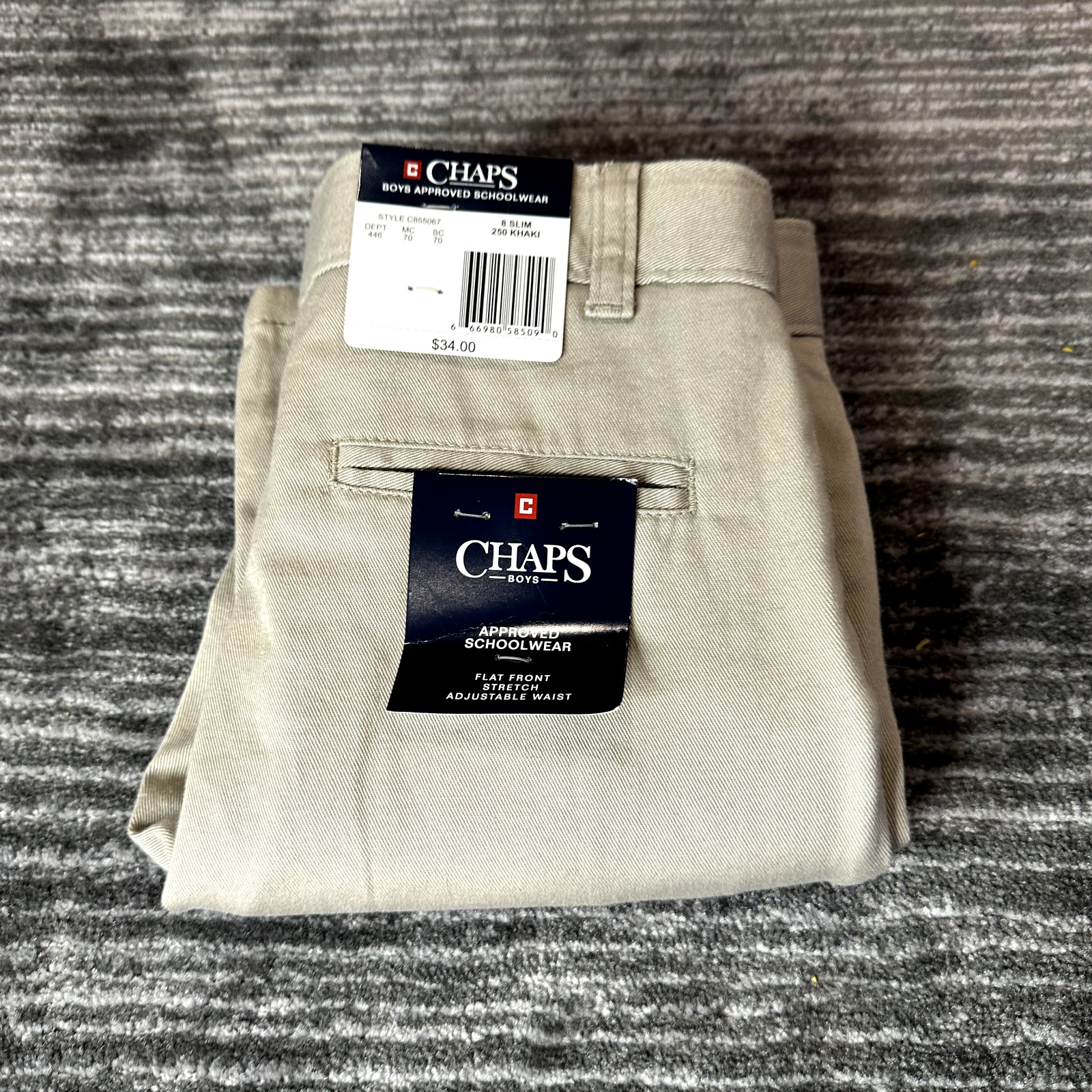 Chaps Boys 8 Slim Pants Khaki Tan Approved Schoolwear Uniform Flat Front New