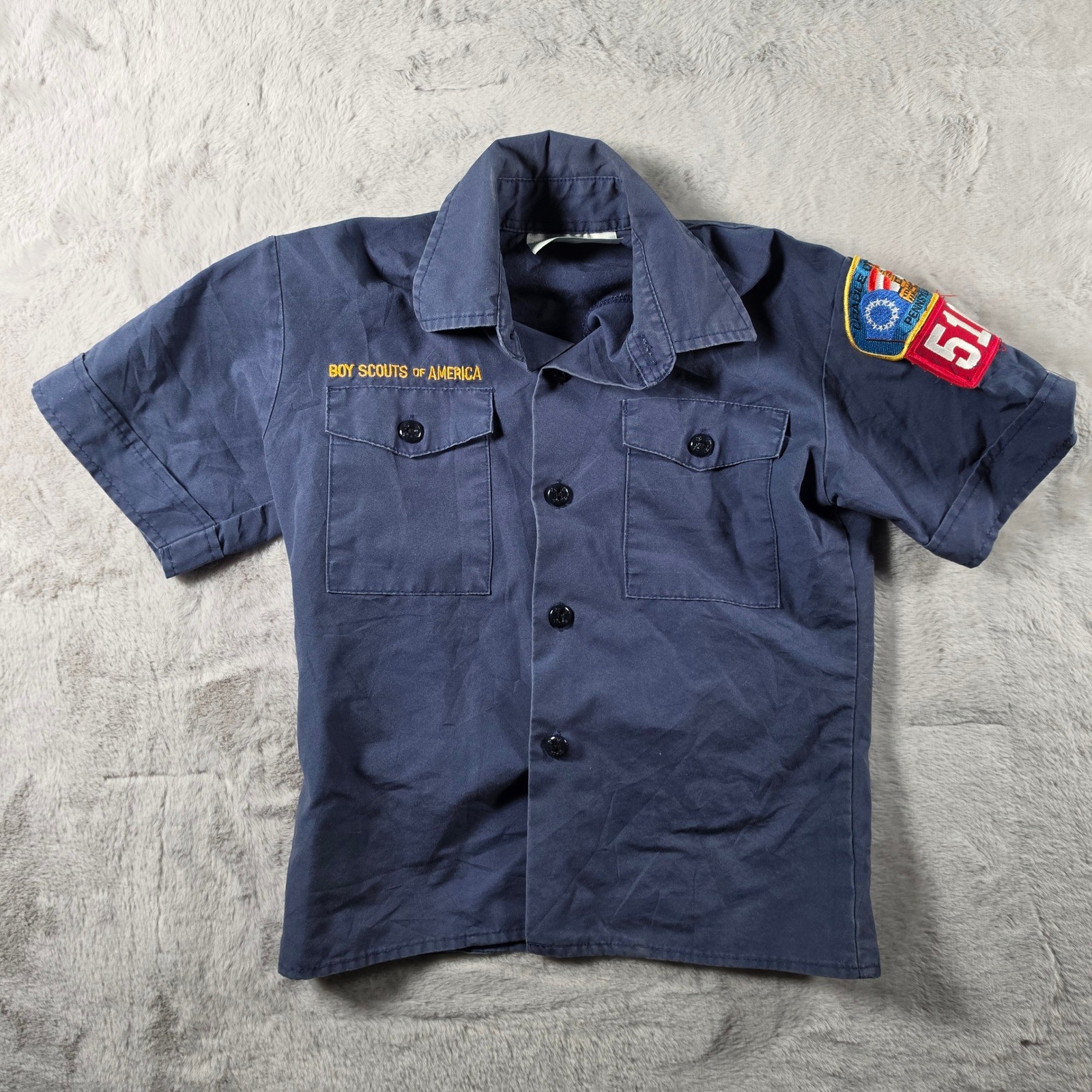 Boy Scouts of America Uniform Shirt Kids Youth Small Navy Blue Patches BSA 510