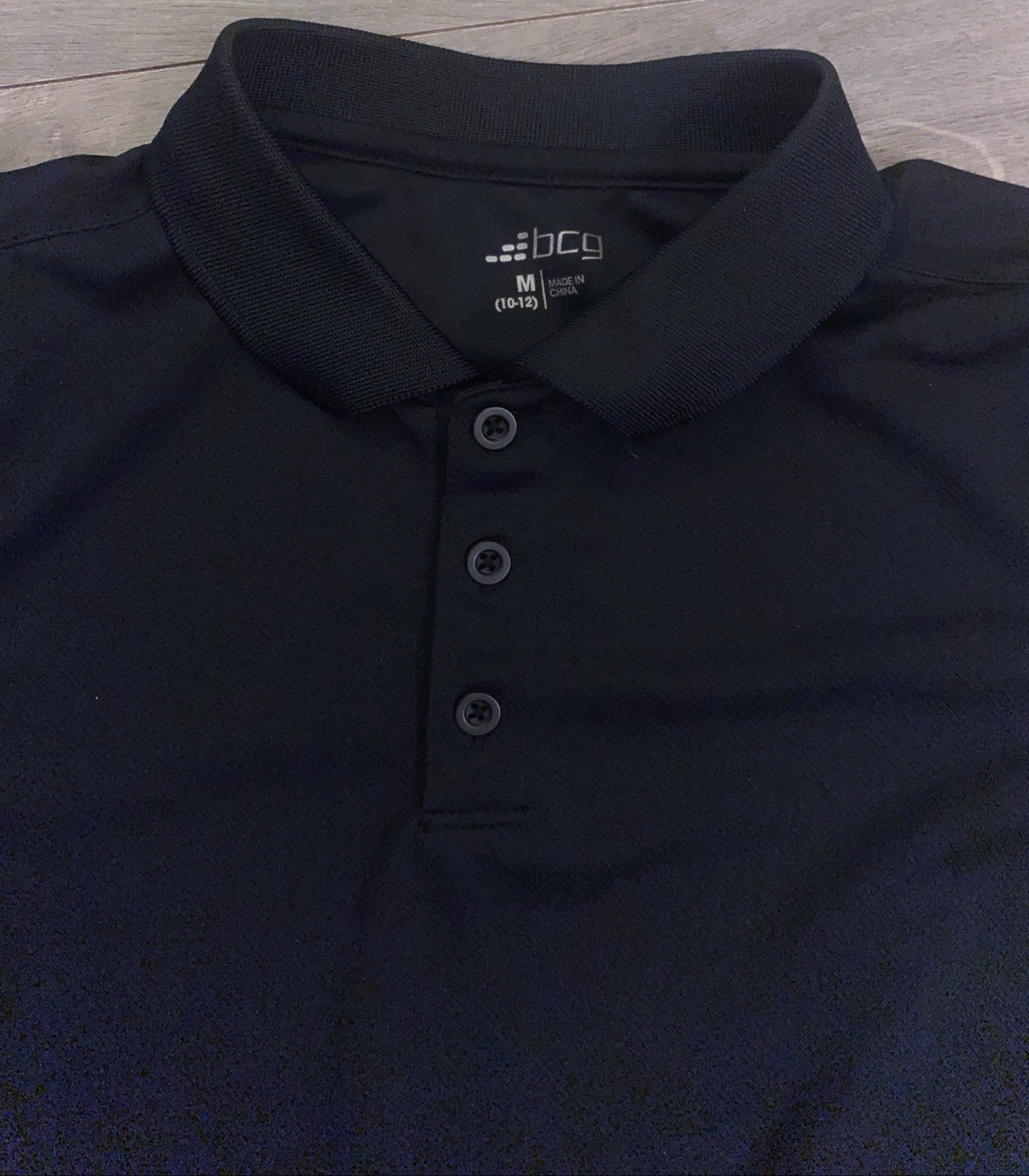 BCG Boys Dry Fit Polo Shirt Black Sz Medium 10/12 Pit 2 P 15” Shoulder 2 W 21.5”