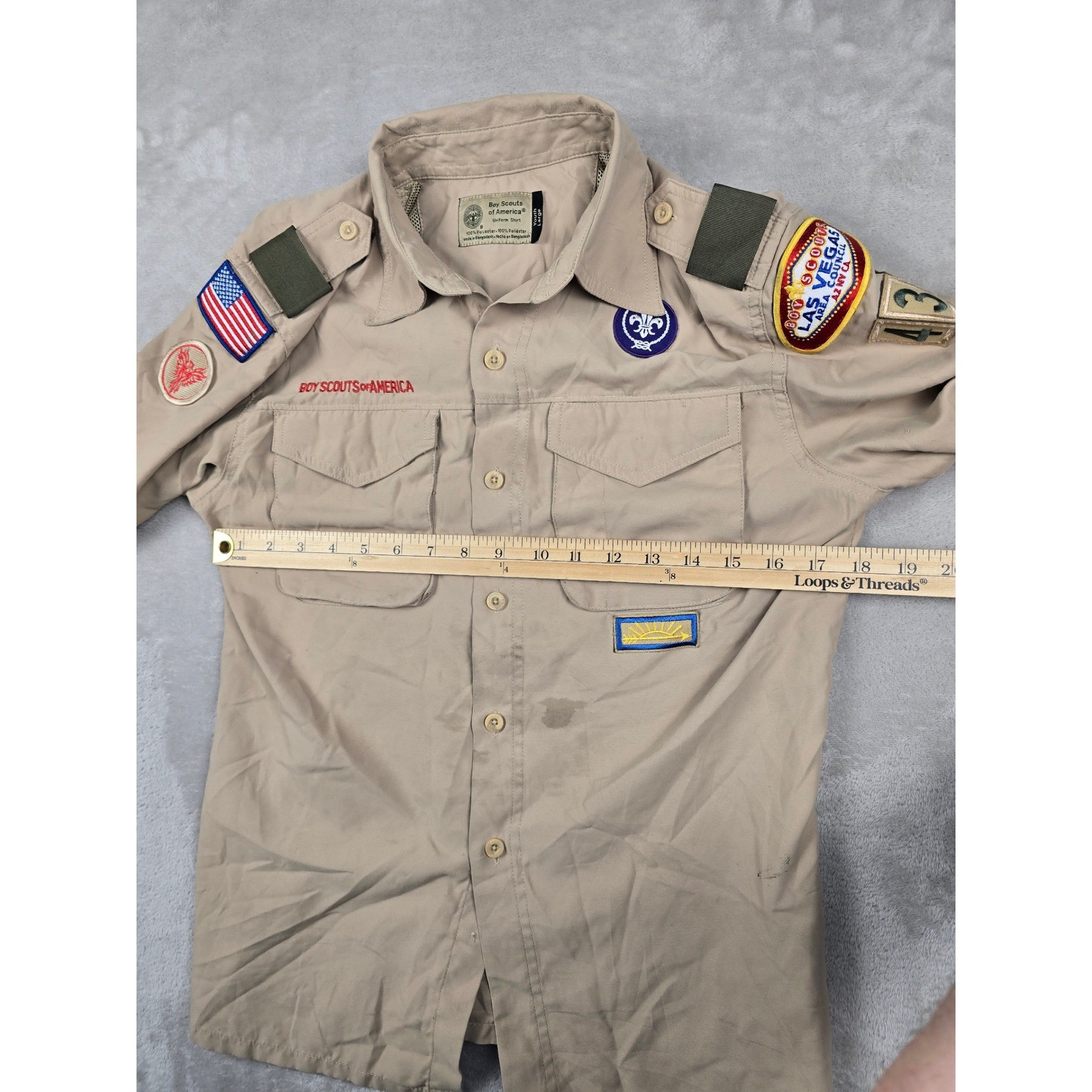 Boy Scouts of America Shirt Youth L Tan Vented Short Sleeve Patches Las Vegas