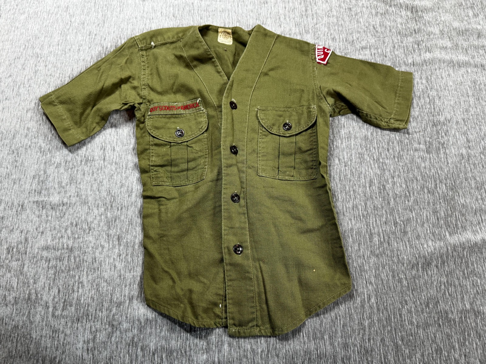 Vintage Boy Scouts Of America Shirt Green Sanforized Uniform Patches Quinnipiac