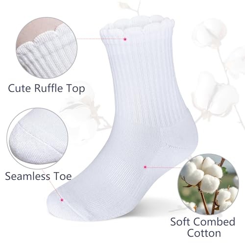 Ruffle Ankle Crew Socks School Uniform Dress Socks for 8-11 Years 4 Pairs White