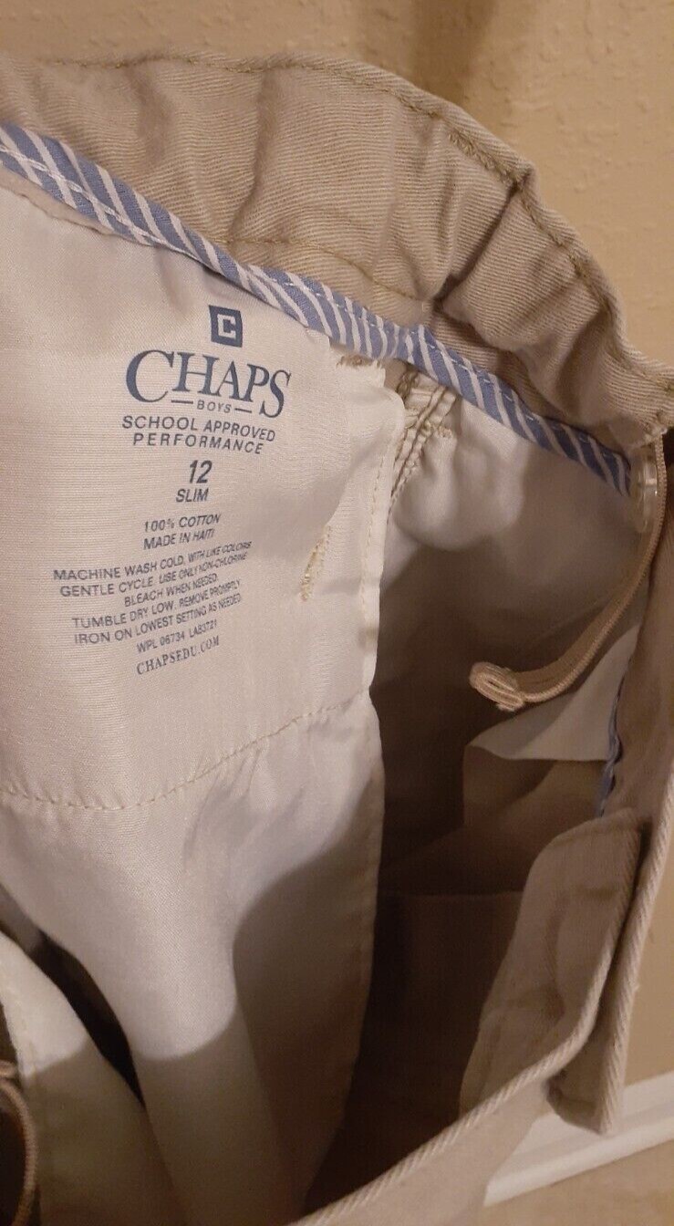 – L@@K – Boys Chaps Light Beige School Uniform Pants Sz 12 Slim Adj Waist Nice –