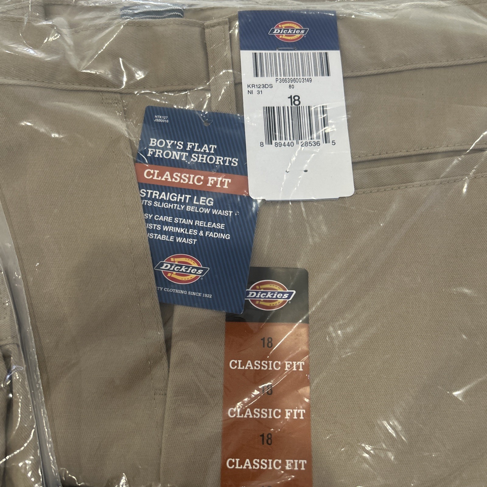 Dickies Boys Flat Front Shorts, Classic Fit, Straight Leg, Size 18