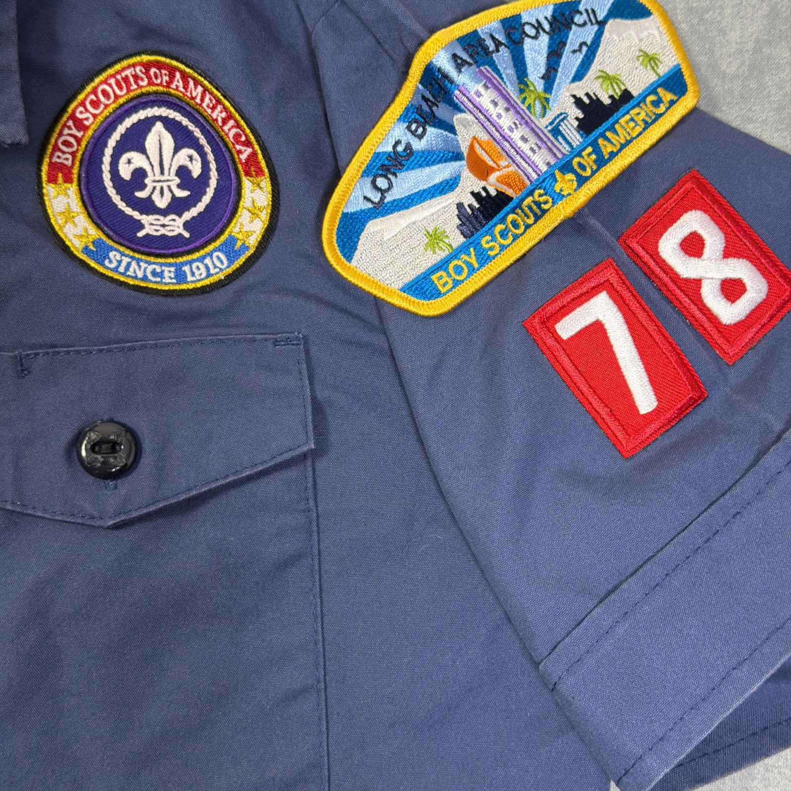Boy Scouts Of America Shirt Youth Medium Blue Short Sleeve Uniform Patches BSA