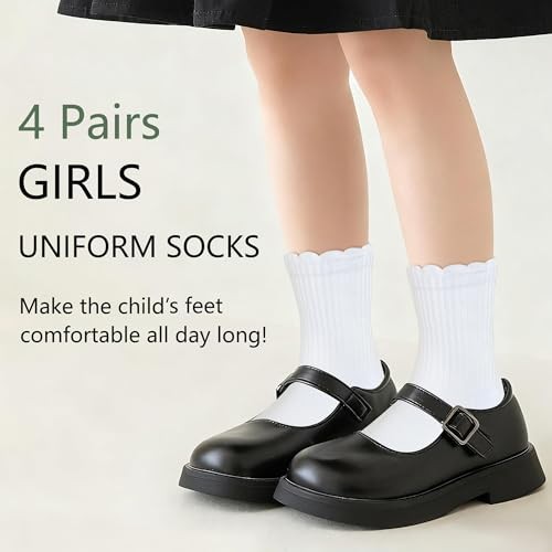 Ruffle Ankle Crew Socks School Uniform Dress Socks for 8-11 Years 4 Pairs White