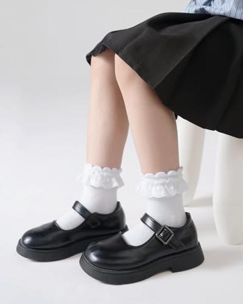 Funjoon Girls White Ruffle Socks Toddler Girls Lace 8-10 Years 6 Pack White