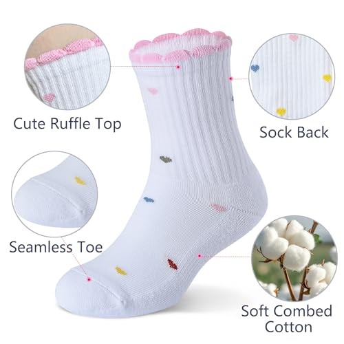Ruffle Ankle Crew Socks School Uniform 8-11 Years 4 Pairs White With Hearts