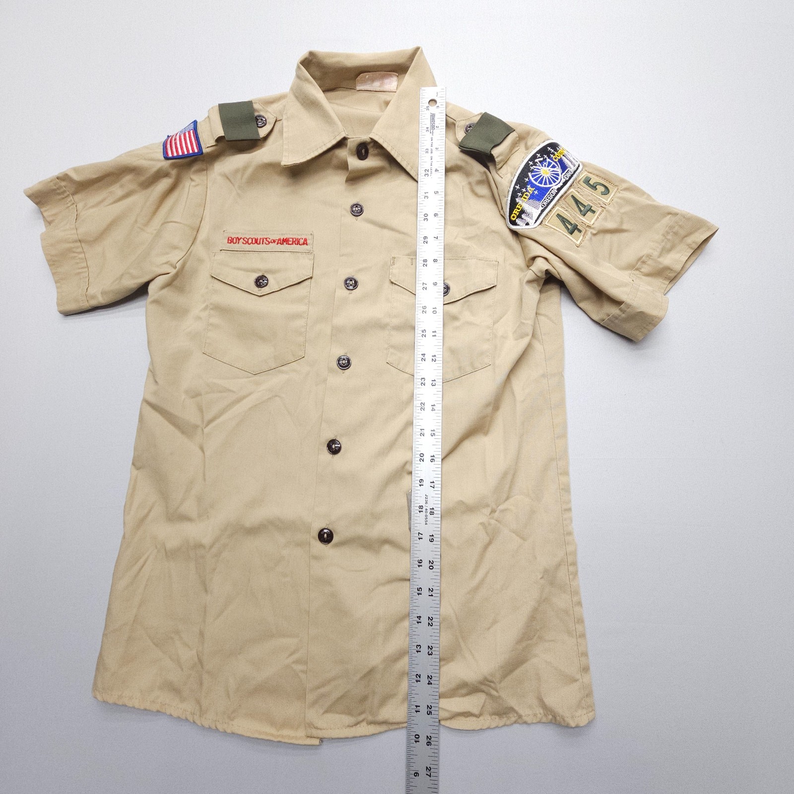 Vintage USA Boy Scouts Of America Boys Uniform Shirt Youth 16 Tan BSA Patches