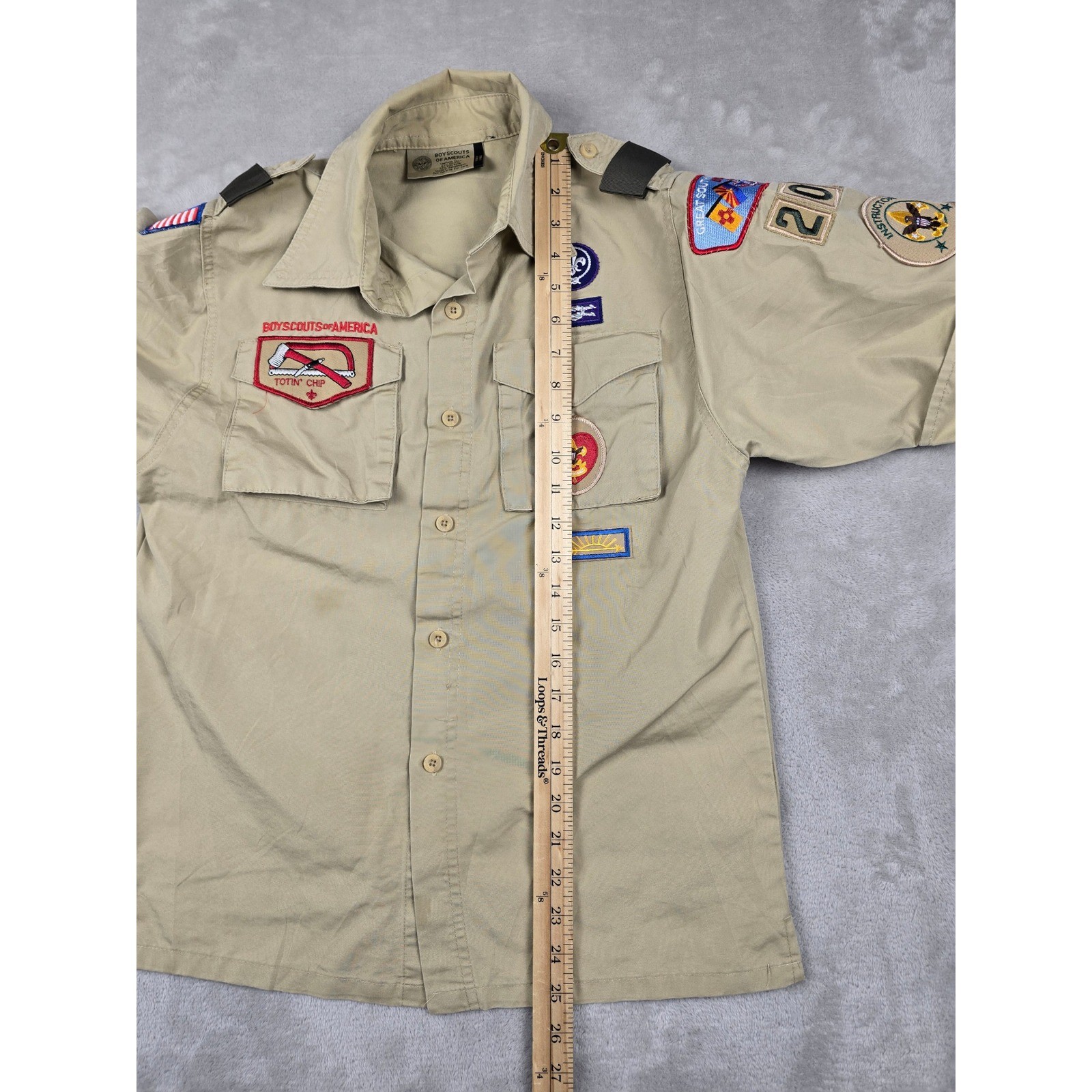 Boy Scouts of America Shirt Kids Youth L Khaki Tan Patches BSA Poly Cotton