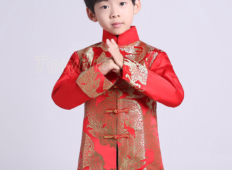 Chinese Tang Suit Red Clothing for Kids Boy Hanfu Top Dragon Print Party Stage