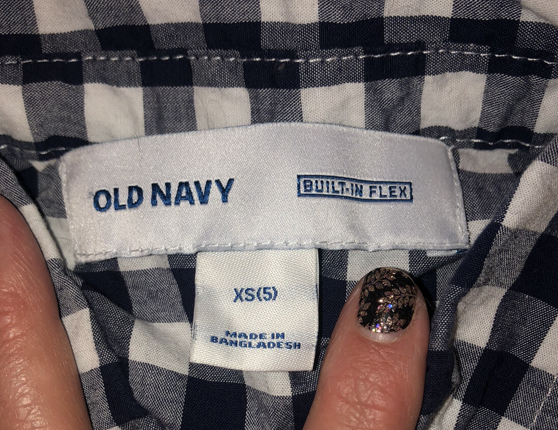 Boy’s Navy Blue & White Plaid Button Down Shirt From Old Navy, Size XS