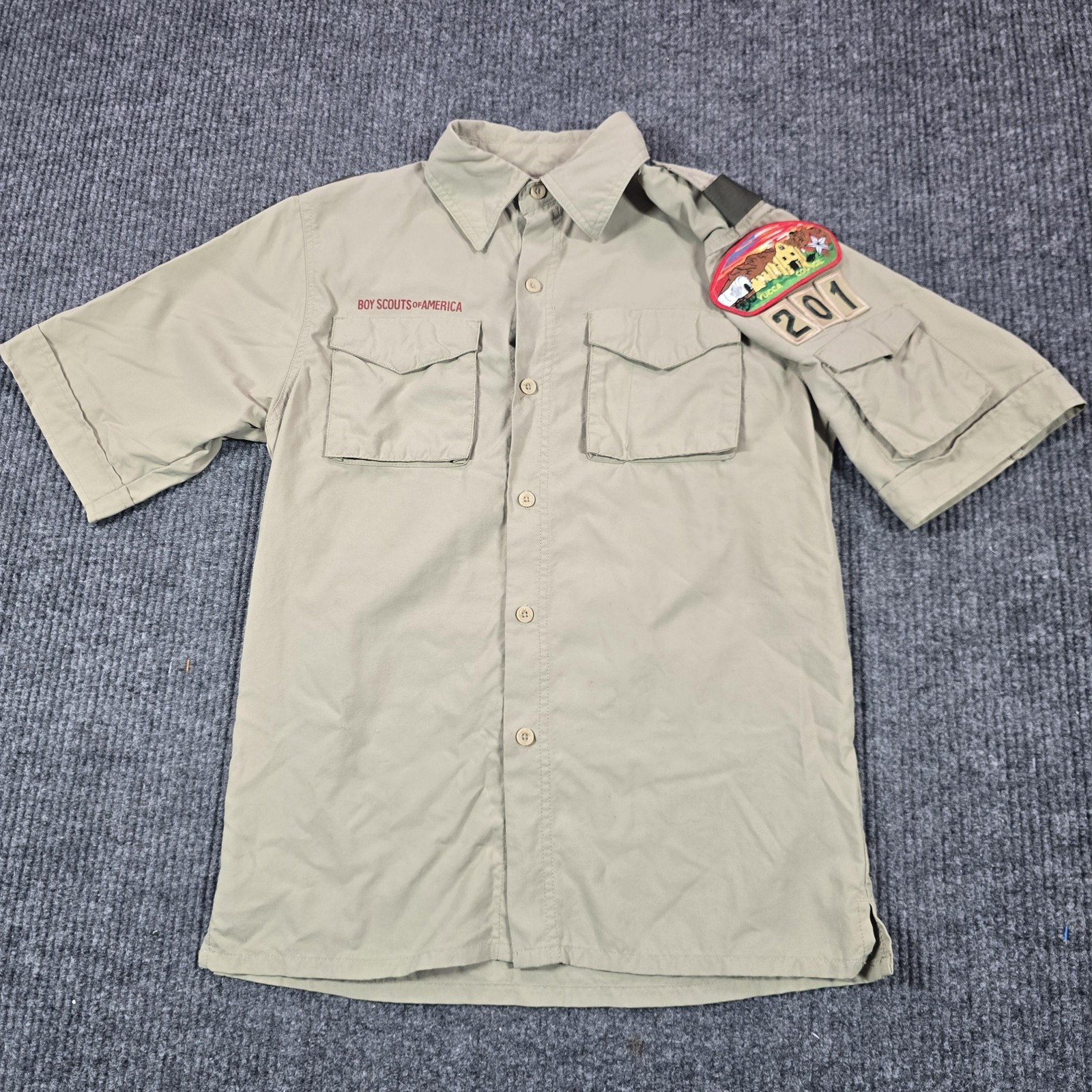 Boy Scouts Of America Uniform Shirt Youth Large Beige Nylon Yucca 201 Patch