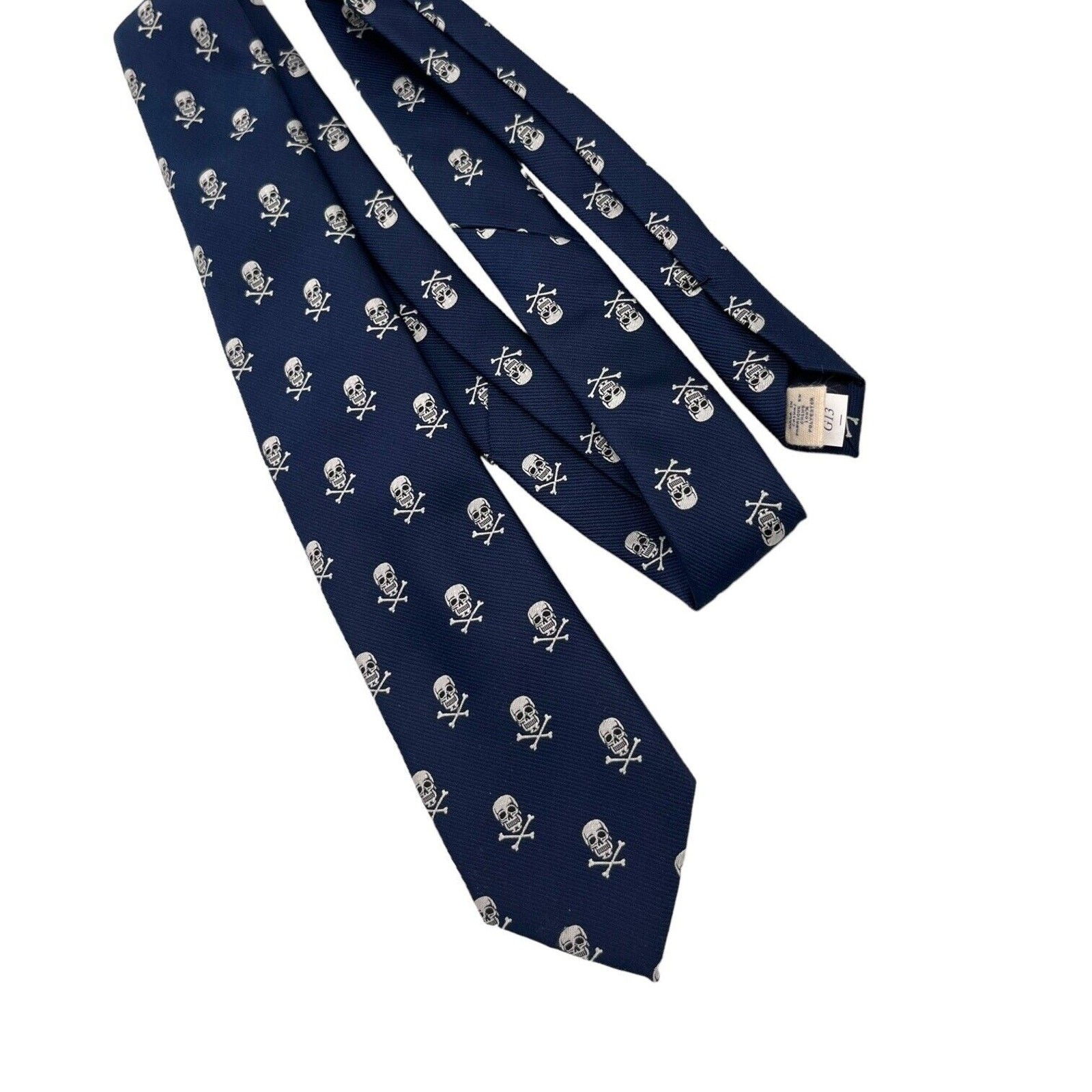 Lands End Necktie Blue White Skull Crossbones Pirates Uniform Boys School EUC