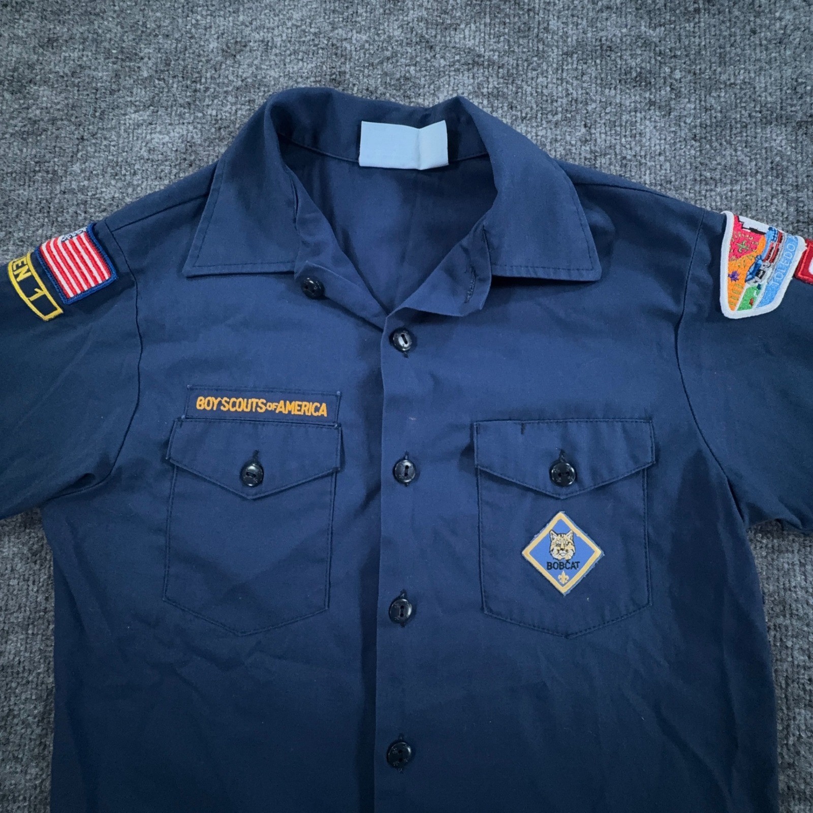 Vtg Boy Scouts of America Uniform Shirt Boys Large 14-16 Blue Patches Short