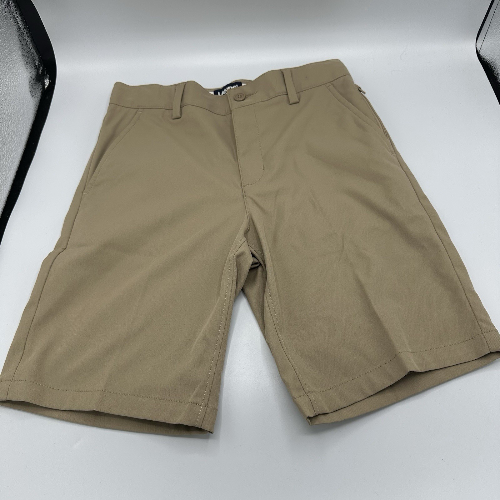 LANDS END Khaki School Uniform Plain Front Polyester Chino Shorts Boys Size 10