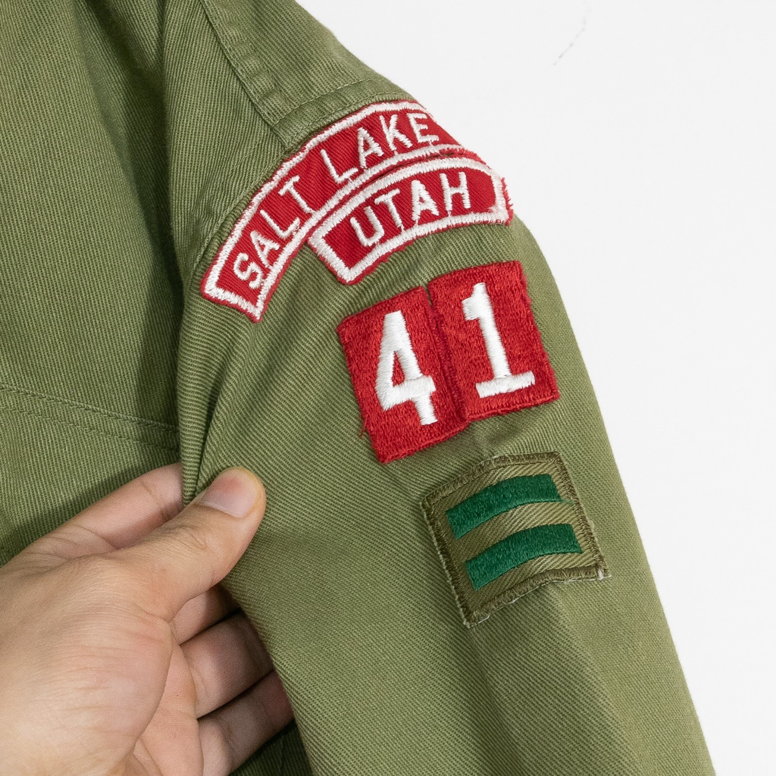 Vintage Boy Scouts of America Sanforized Shirt Youth Size Patches Utah Salt Lake