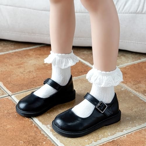 Girls White Ruffle Socks,Lace Frilly Cotton Dress Crew 9-12 Years White 3 Pack