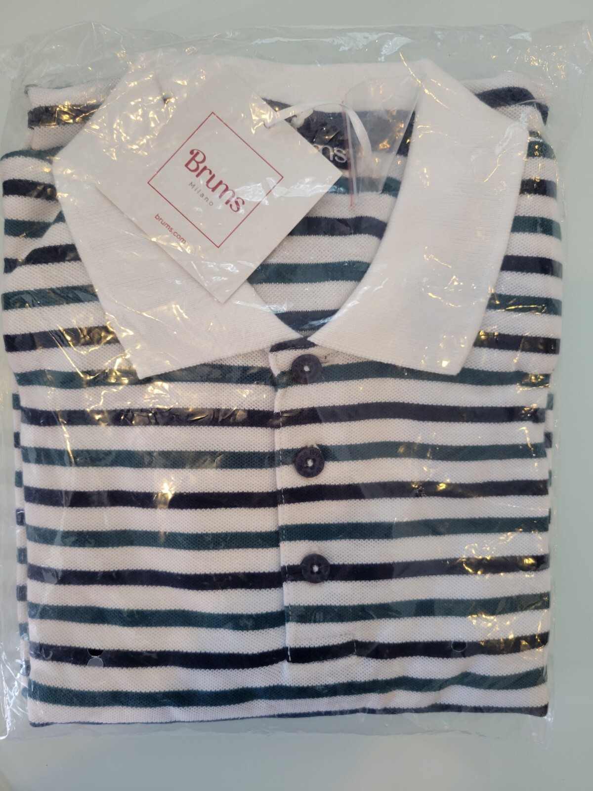 Brums Milano Uniform Polo White/green/navy Stripe Shirt Size 14 NWT
