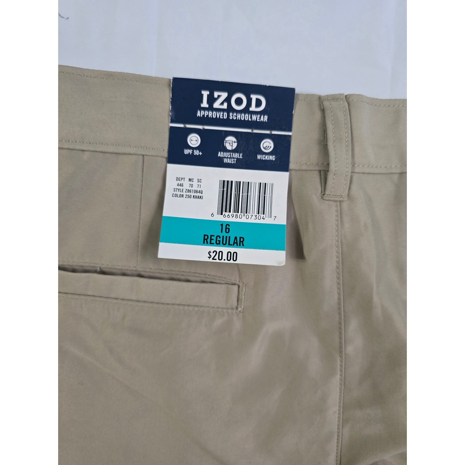 IZOD Boys Khaki Shorts Size 16 Regular School Uniform Wicking UPF 50+ NWT