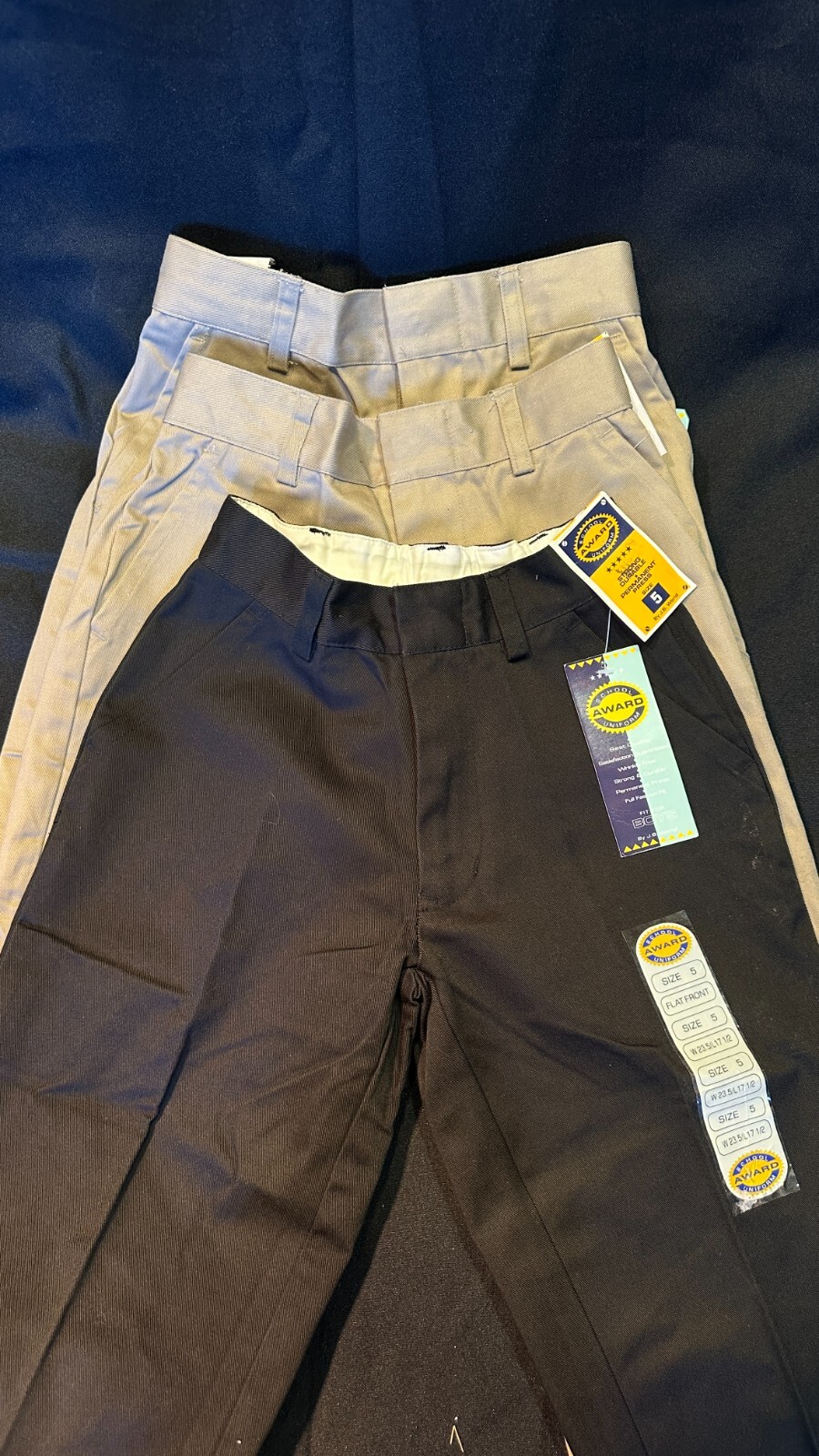 New Lot of 3 Boys School Uniform Pants Size 5 — Award Uniform Khaki & Black