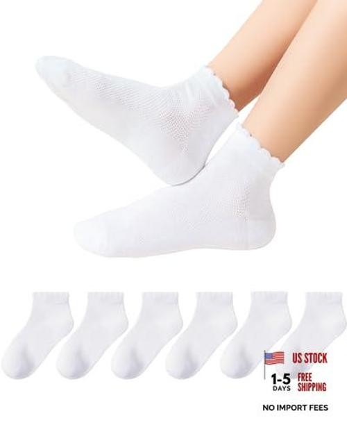 Funjoon Girls Ruffle Socks School Uniform Kids Cotton Crew 4-6 Years White