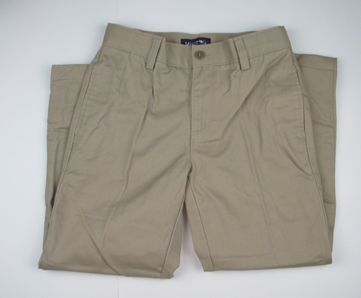 LANDS END Khaki School Uniform Plain Front Chino Pants Boys 16 INSEAM 28″ NEW
