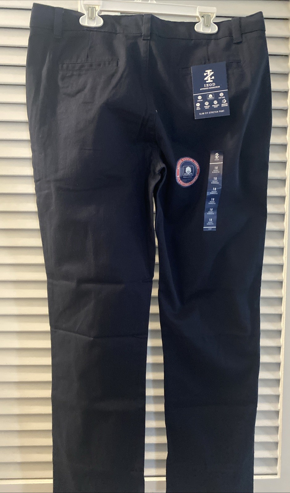 IZOD Boys Uniform Navy Dress Chino Pants Adjustable Waist. Sz 18 Husky